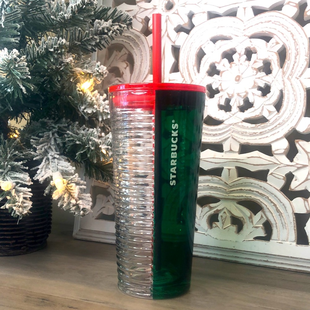 Starbucks Christmas Holiday Glass Dual Colored Red Green Clear Cold Cup Tumbler